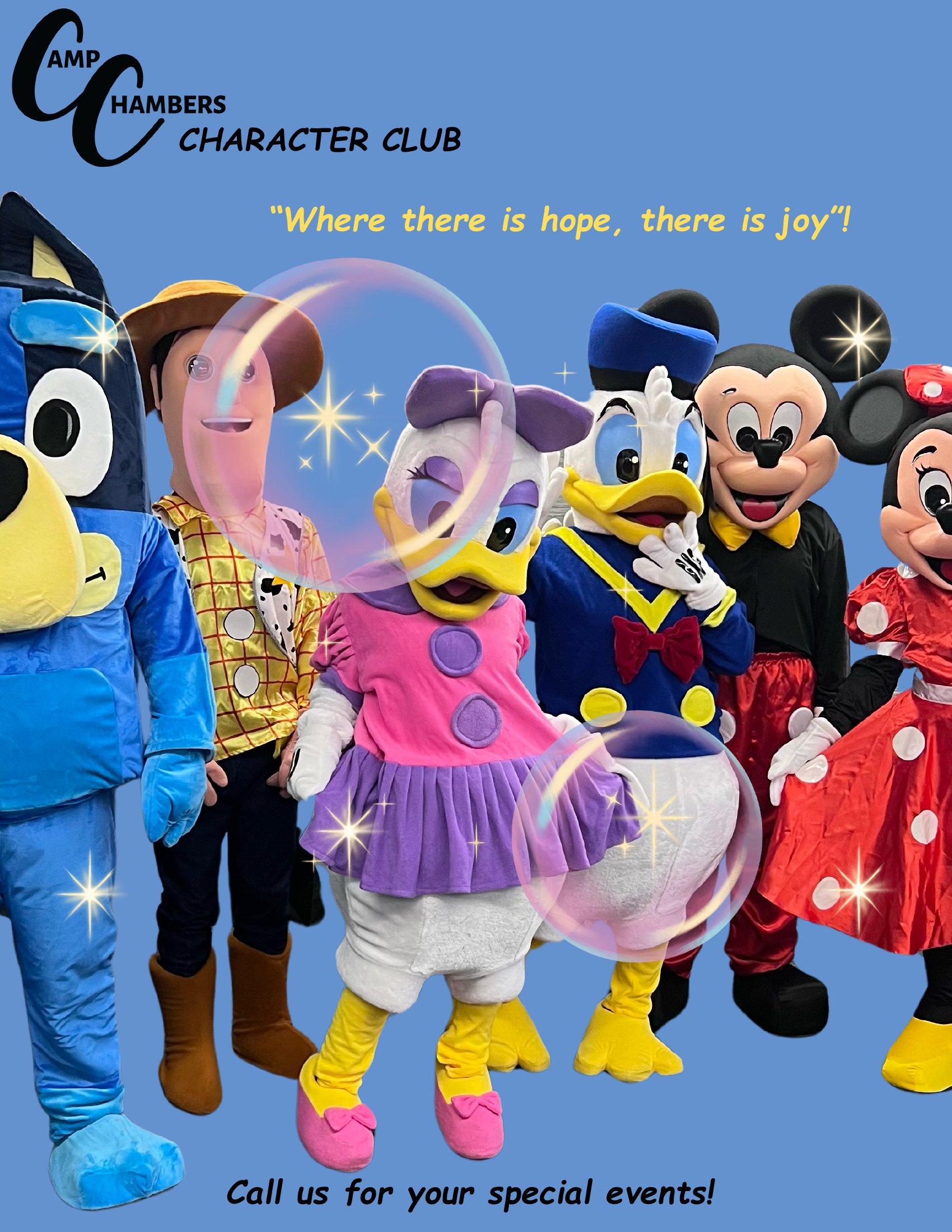 Camp Chambers Character Club mascots — Bluey, Woody, Daisy Duck, Donald Duck, Mickey Mouse, and Minnie Mouse