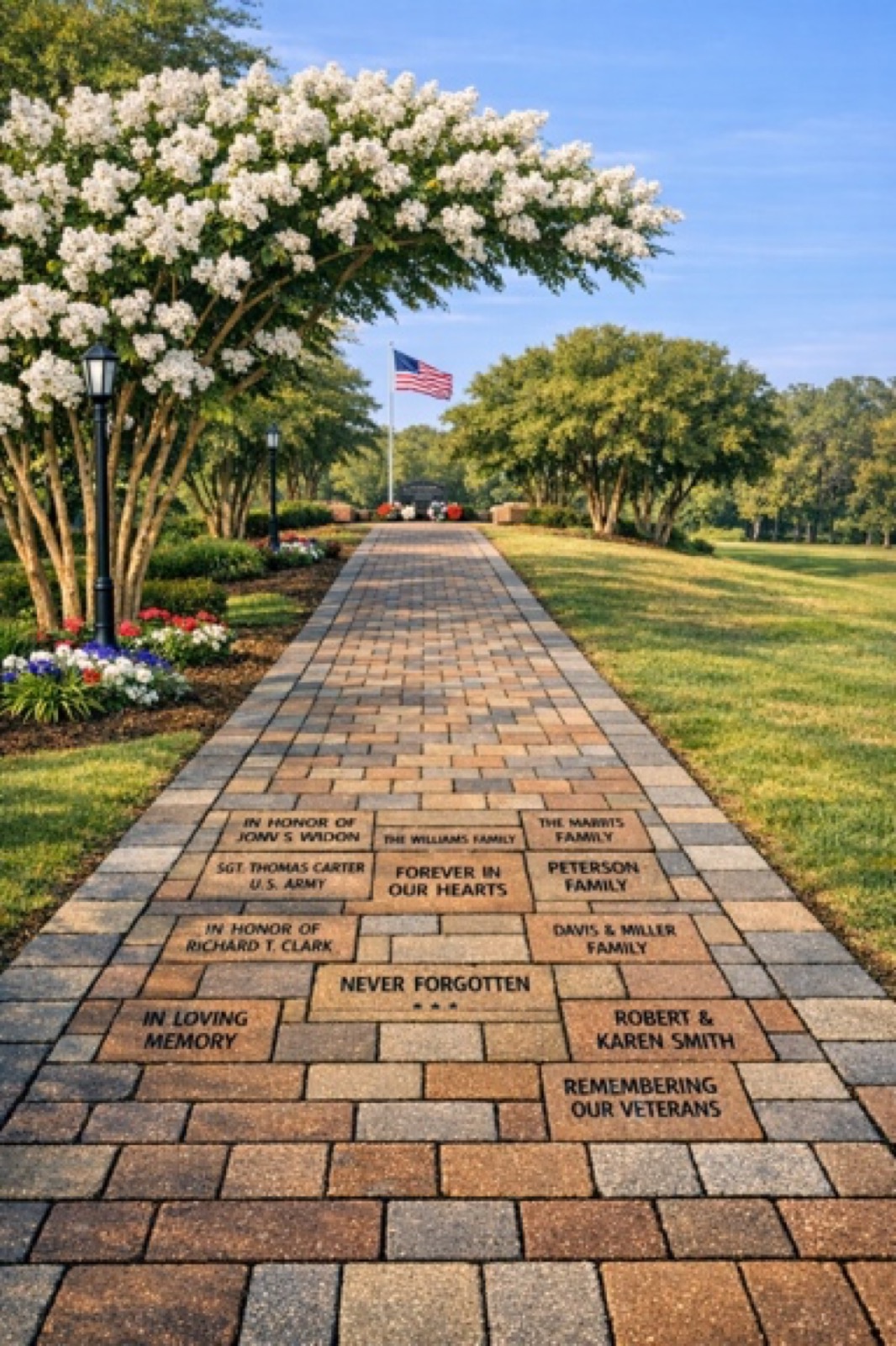 Rendering of the Camp Chambers Community Memorial Walkway with engraved bricks and white crepe myrtle trees
